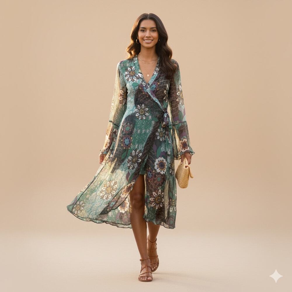 Star by Julien Macdonald‎ Sheer Chiffon Wrap Dress Silk Boho Whimsygoth US M